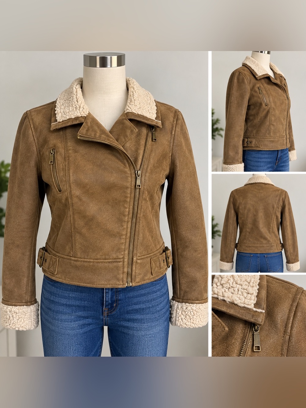 Ashley By 26 International Brown Suede-Look Sherpa Moto Jacket